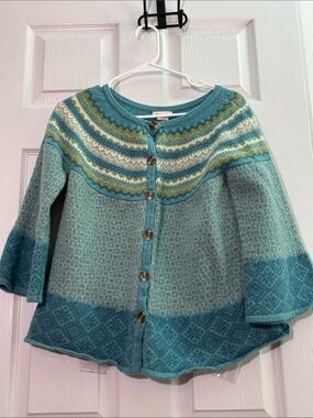 Sundance Large Lambs Wool Teal, Cream & Green Fair Isle  Button Cardigan